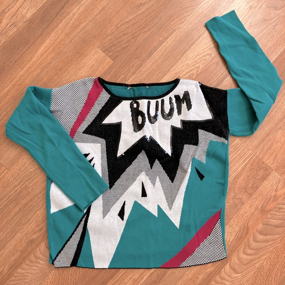 Teal Graphic Sweater Women XS